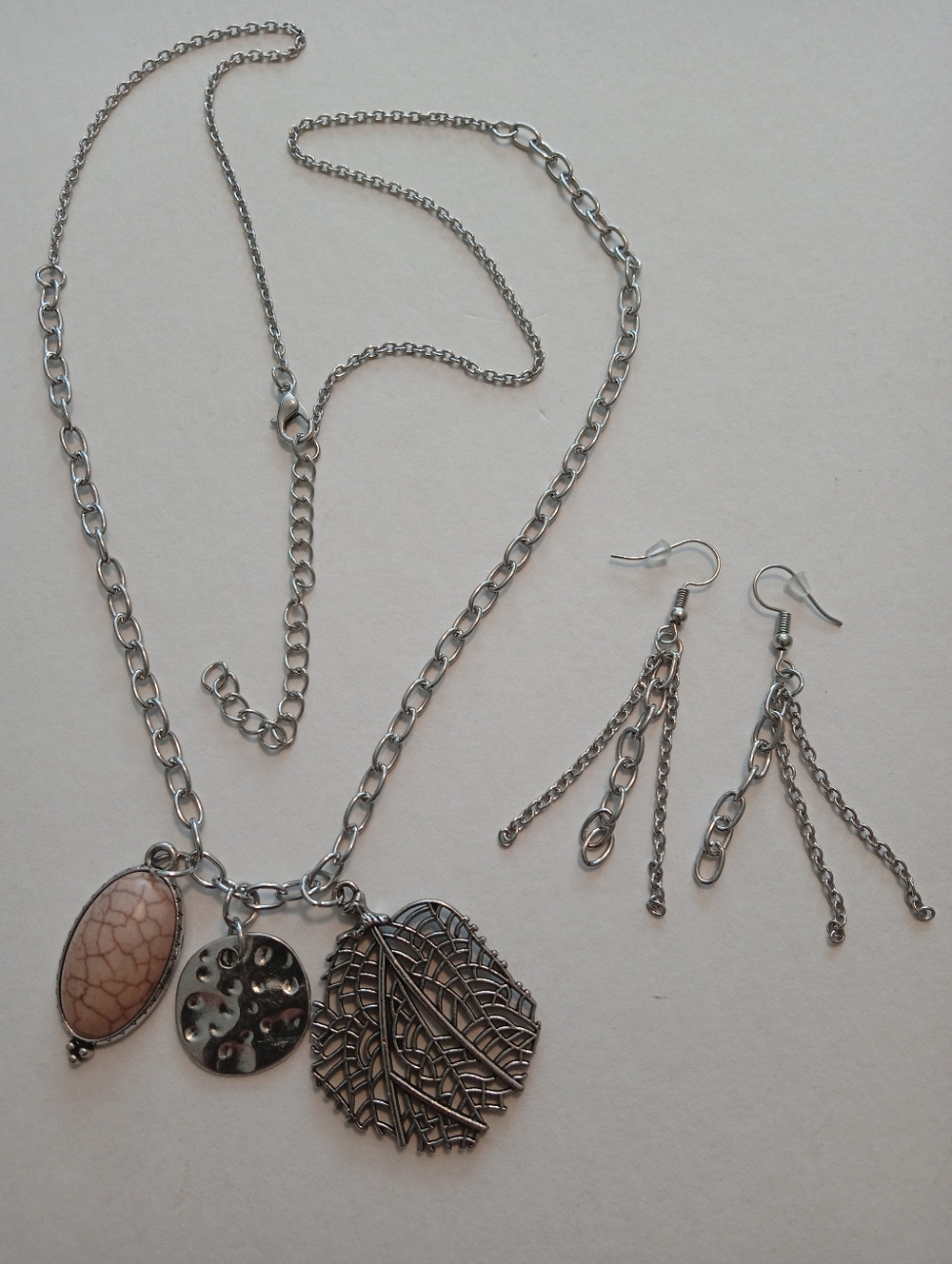 #1184. Silver Toned, Semi Precious Stone,  Charm Necklace And Earring Set